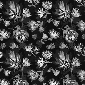 (M) Black and white flowers watercolor