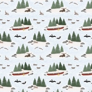Micro Classic Lake Scenes with Woodland Animals, Loons, Ducks, Red Canoe