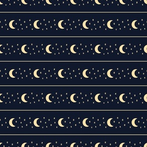 Celestial Moon and Stars Horizontal Stripe - Butter Yellow and Midnight Blue - Large Scale - Magical Witchy Halloween Pattern