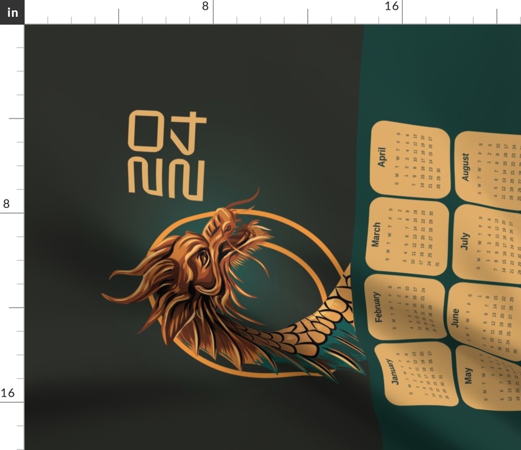 2024 Year of the Dragon gold, green calendar