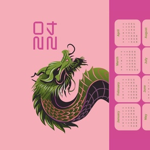 2024 Year of the Dragon green, pink calendar