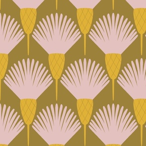 (L) Hawkweed - hand drawn bold simple Art Deco style floral - mustard and pink