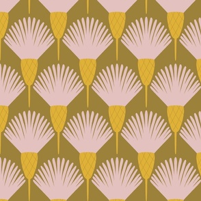 (M) Hawkweed - hand drawn bold simple Art Deco style floral - mustard and pink
