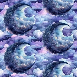 Dreamy Moon City in Blue and Purple