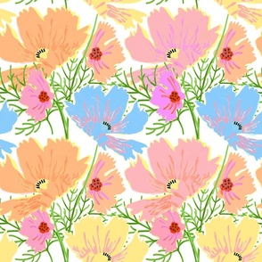 Pastel Cosmos Flowers Peach Fuzz Pink And Yellow Spring Summer 2024 Grandmillennial Mountain Floral Wildflower Repeat Pattern