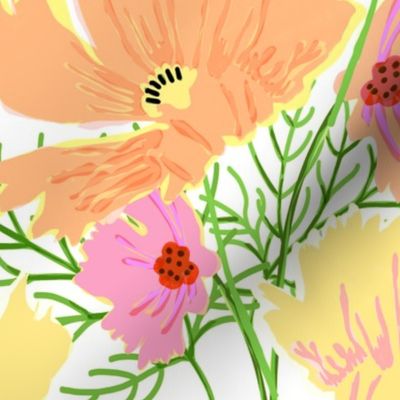 Big Pastel Cosmos Flowers Peach Fuzz Pink And Yellow Spring Summer 2024 Grandmillennial Mountain Floral Wildflower Repeat Pattern