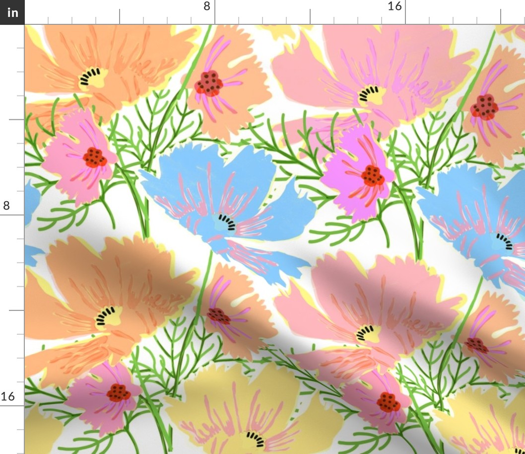 Big Pastel Cosmos Flowers Peach Fuzz Pink And Yellow Spring Summer 2024 Grandmillennial Mountain Floral Wildflower Repeat Pattern
