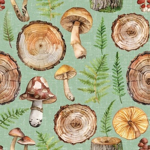 Forest Woodsy Mushrooms  on  Moss Linen
