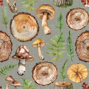 Forest Woodsy Mushrooms  on  Evergreen-Fog Linen