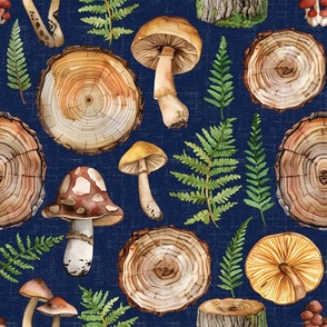 Forest Woodsy Mushrooms  on Navy Linen