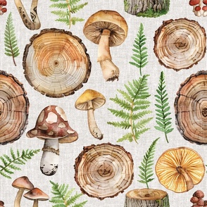Forest Woodsy Mushrooms  on Warm Gray Linen