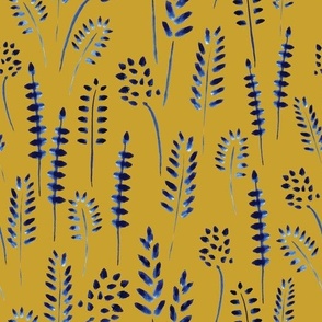 Watercolour Indigo Grasses on Mustard Yellow