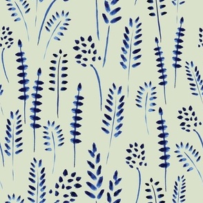 Watercolour Indigo Grasses on Sage Green