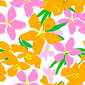 Orange Blossoms With Pink And Yellow Bright, Cheerful Tropical Tree Blossoms Retro Grandmillennial 80’s Style Modern Floral Bloom Repeat Pattern Design