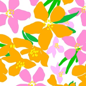 Big Orange Blossoms With Pink And Yellow Bright, Cheerful Tropical Tree Blossoms Retro Grandmillennial 80’s Style Modern Floral Bloom Repeat Pattern Design