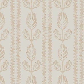 COLETTE textured rows of wavy lines and block-print inspired and watercolor-like leaves in Sandy Brown and off-white