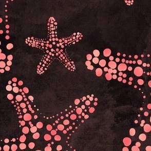 24” repeat Dotty peachy starfish fresco at the beach, painterly abstract on textured mahogany brown