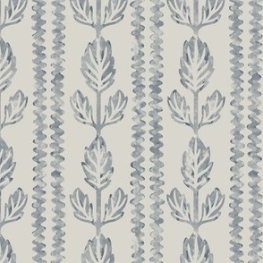 COLETTE textured rows of wavy lines and block-print inspired and watercolor-like leaves in Gray Blue and off-white