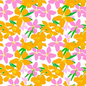 Mini Orange Blossoms With Pink And Yellow Bright, Cheerful Tropical Tree Blossoms Retro Grandmillennial 80’s Style Modern Floral Bloom Repeat Pattern Design