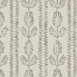 COLETTE textured rows of wavy lines and block-print inspired and watercolor-like leaves in Coffee Brown and off-white