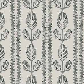 COLETTE textured rows of wavy lines and block-print inspired and watercolor-like leaves in Charcoal Gray and off-white