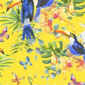 tropical bird toucan and flowers on yellow