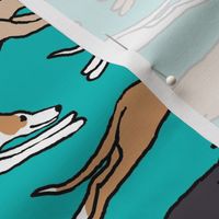 Assorted greyhounds racing endlessly on teal Large Scale