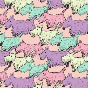 All The Dogs - Sketched Scotties in nineties retro palette on blush pink