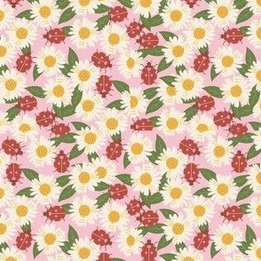 Ladybugs and Daisies floral fabric - daisy flower floral ladybird ladybug design  pink 4in