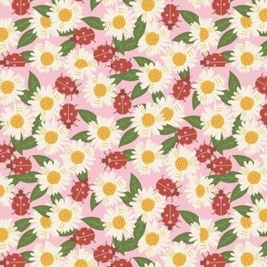 Ladybugs and Daisies floral fabric - daisy flower floral ladybird ladybug design  pink 6in