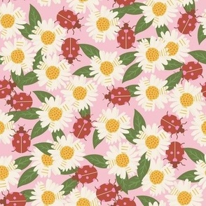 Ladybugs and Daisies floral fabric - daisy flower floral ladybird ladybug design  pink 8in