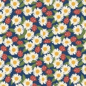 Ladybugs and Daisies floral fabric - daisy flower floral ladybird ladybug design navy 4in