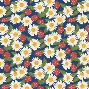 Ladybugs and Daisies floral fabric - daisy flower floral ladybird ladybug design navy 6in