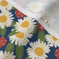 Ladybugs and Daisies floral fabric - daisy flower floral ladybird ladybug design navy 8in