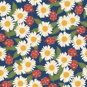 Ladybugs and Daisies floral fabric - daisy flower floral ladybird ladybug design navy 8in