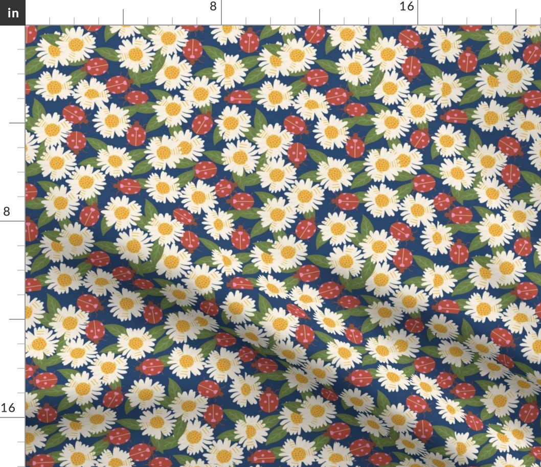 Ladybugs and Daisies floral fabric - daisy flower floral ladybird ladybug design navy 8in