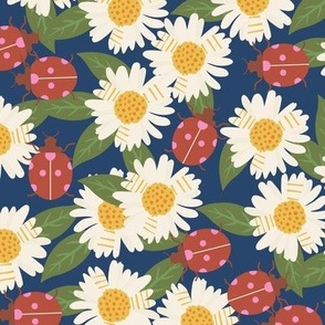 Ladybugs and Daisies floral fabric - daisy flower floral ladybird ladybug design navy 12in