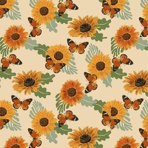 Sunflower Butterfly Fabric - floral flowers orange butterfly summer design 6in