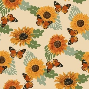 Sunflower Butterfly Fabric - floral flowers orange butterfly summer design 8in