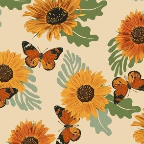 Sunflower Butterfly Fabric - floral flowers orange butterfly summer design 12in