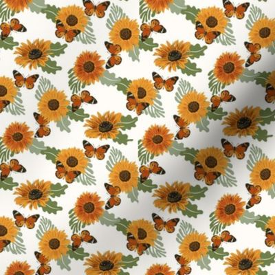 Sunflower Butterfly Fabric - floral flowers orange butterfly summer design white 4in