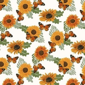 Sunflower Butterfly Fabric - floral flowers orange butterfly summer design white 6in