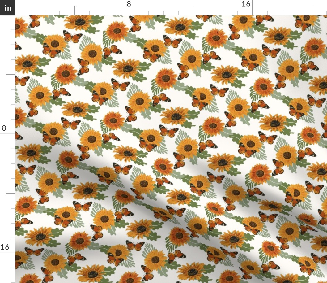 Sunflower Butterfly Fabric - floral flowers orange butterfly summer design white 6in