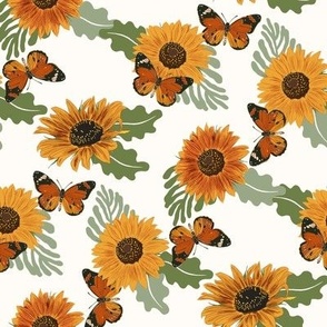 Sunflower Butterfly Fabric - floral flowers orange butterfly summer design white 8in