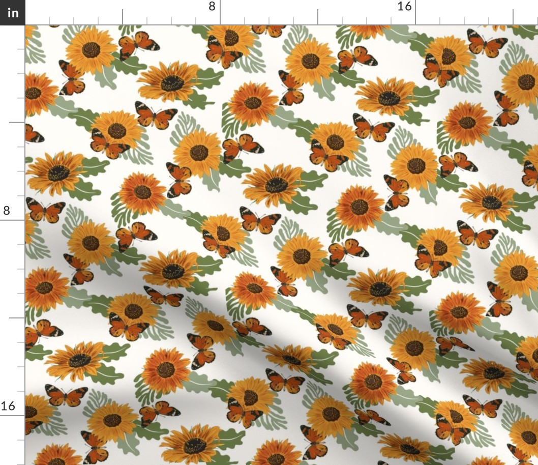 Sunflower Butterfly Fabric - floral flowers orange butterfly summer design white 8in
