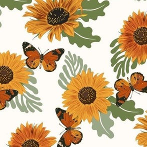 Sunflower Butterfly Fabric - floral flowers orange butterfly summer design white 12in