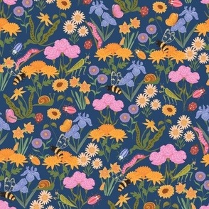 Wildflower Meadow Sweet Insects Bugs Garden Spring Floral Navy 8in