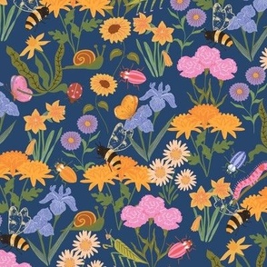Wildflower Meadow Sweet Insects Bugs Garden Spring Floral Navy 12in