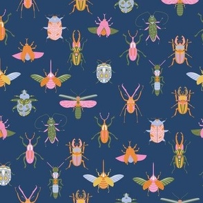 Bugs wallpaper - colorful fun pink orange bugs insects design navy 8in
