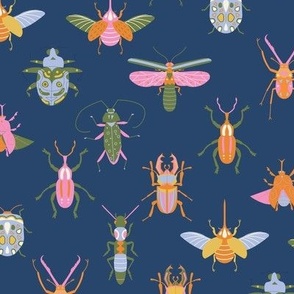 Bugs wallpaper - colorful fun pink orange bugs insects design navy 12in
